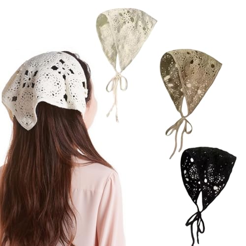 3 diademas de ganchillo, diadema de ganchillo, triángulo, bufanda para el cabello, bufanda de punto vintage con encaje floral hueco para decoración de accesorios de peinado beige/negro/gris
