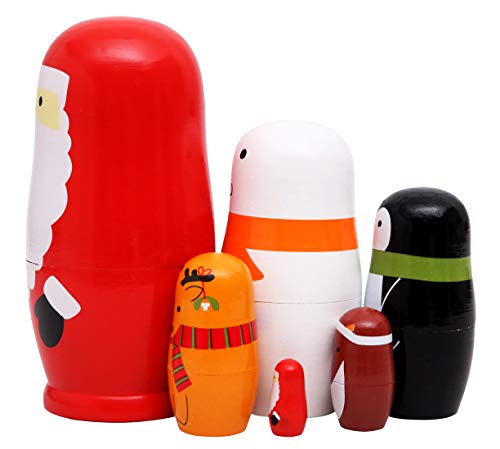 Debbieicy 6Pcs Beautiful Handmade Wooden Russian Nesting Dolls Santa Claus Matryoshka Dolls Gift For Christmas And Birthday - Stacking Doll Set Of 6 From 6" Tall (Santa 6) #TOP2