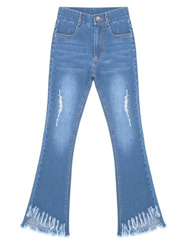 Kids Girls Flare Jeans Bell Bottom Teen Denim Pants Flared Ripped Split Raw Hem Jeans with Pockets3