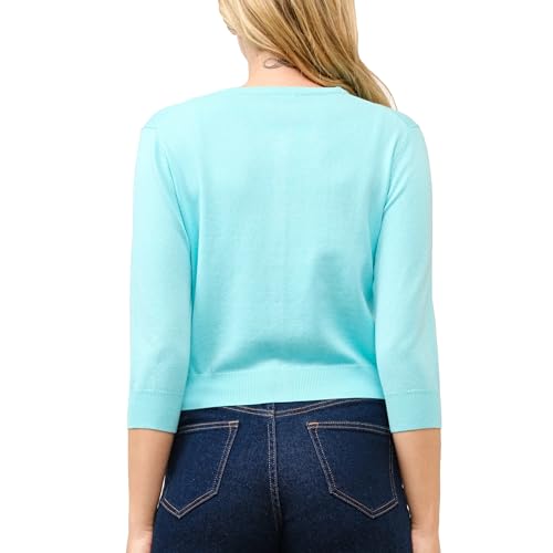 Image of Women's Cropped Cardigan 3 /4 Sleeve Crewneck Button Up Sweater Knit Top (S~XL)