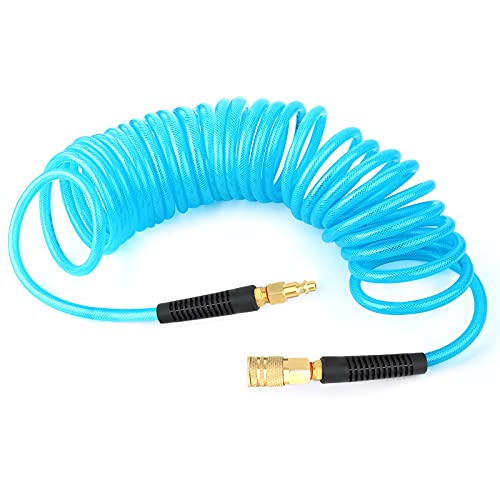 Gasher 1/4" X 25Ft Reinforced Polyurethane Recoil Air Hose With Bend Restrictor, 1/4" Industrial Quick Coupler And Plug #TOP17