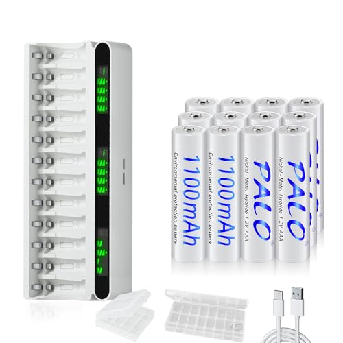 Mspalocell Pack de 12 Pilas Recargables AAA de 1100 mAh con Cargador, USB Type-C 5v2A Pantalla LCD Cargador Rápido con 12 Ranuras para Pilas Recargables NiMH de 1,2 V AA AAA