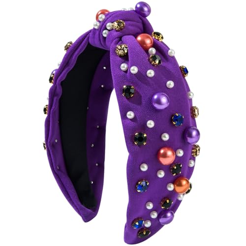 Halloween Head Bands for Women's Hair Knotted Headband With Pearl Rhinestone Hair Bands for Women's Hair Non Slip Wide Top Girls Headbands Crystal Beaded Headwear Halloween Accessories (Purple)