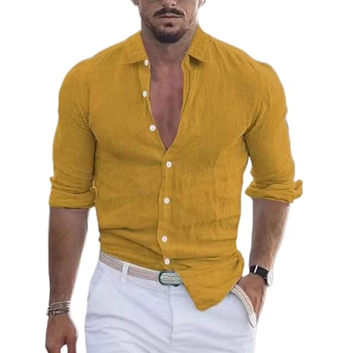 Chemise décontractée en coton et lin homme manches longues unie