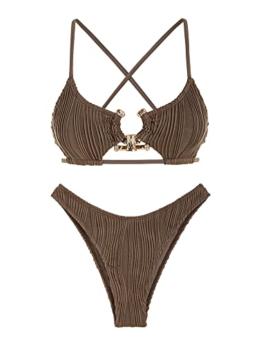 Image of ZAFUL Women's Sexy Cutout Bikini Set High Cut Textured Metal Ring Cheeky Swimsuit Two Piece Bathing Suit