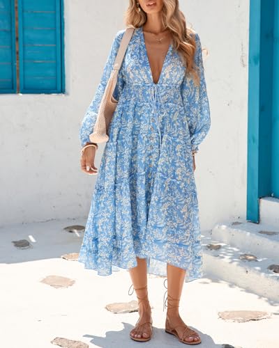 Image of Women's Boho Floral Midi Dress Long Sleeve V Neck Button Down Tie Dresses Summer Casual Loose Outfits Beach Cover Ups Blue