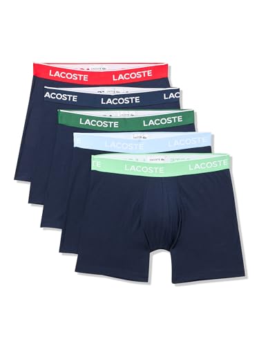 Lacoste Men's Cotton Stretch Essentials Boxer Briefs, 5-pack (Amazon Exclusives), Navy Blue/Overview/Liamone/Green/Red, Large