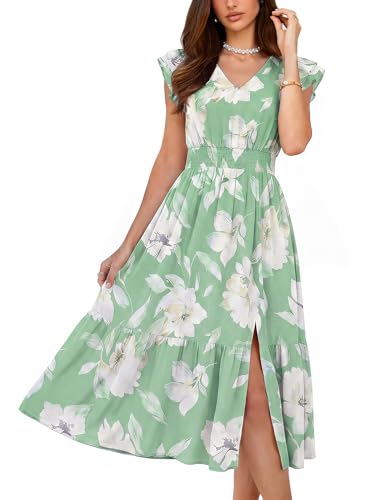Image of GRACE KARIN 2026 Womens Summer Dresses V Neck Ruffle Sleeve Floral Boho Beach Dress A-Line Swing Midi Wedding Guest Sundress