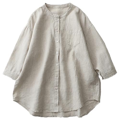 [ハト] レディース リネンシャツ 半袖 七分丈袖 無地 ラウンドネック 丸首 春 夏 秋 麻 薄手 トップス シャツ 半袖 ブラウス 羽織 前開きボタン 胸元ポケット ポケット付き シンプル ゆったり さらさら 体型カバー 大きいサイズ 通勤通学 カジュアル 冷房対策 紫外線対策(JP, アルファベット, XL, ベージュ) - Hato(ハト) - 商品画像