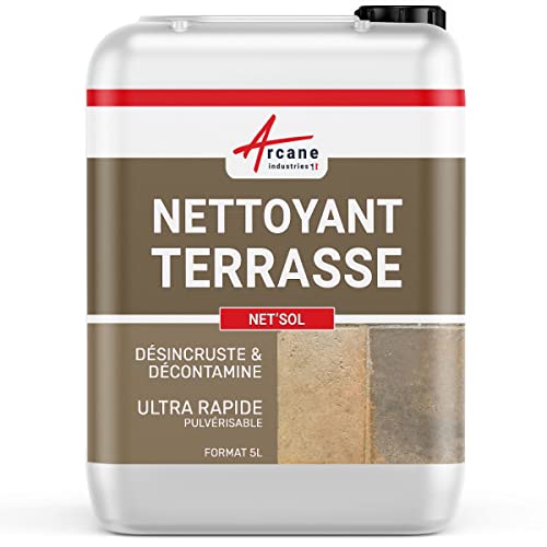 Produit nettoyant terrasse, sol extérieur, dalles, pierre naturelle - Effet immédiat visible : NET'SOL - 5 L - ARCANE INDUSTRIES