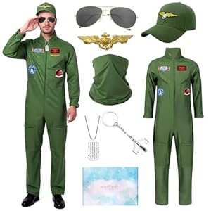 TOSZOLY Pilot Kostüm Herren, Flieger Kostüm mit Piloten Mütze Brille Zubehör, Herren Pilot Kleidung, Flieger Kleidung zum Verkleiden für Halloween Cosplay Karneval (L)
