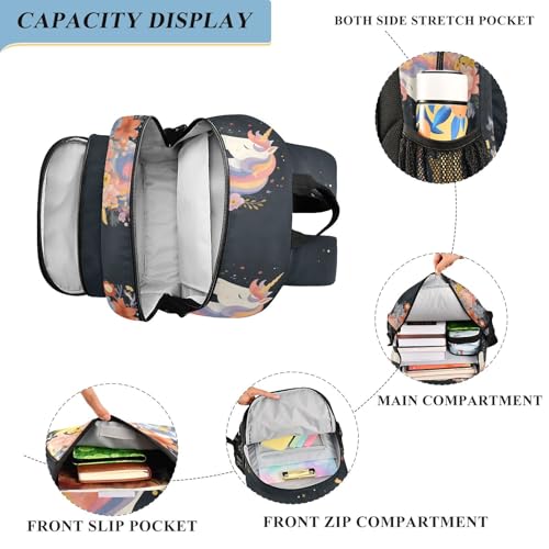 Bolaz Kids' School Backpack with Safety Reflectors Strip,Great for Boys & Girls Ages 6–12,Unicorns with Rainbow Manes Flowers and Stars4