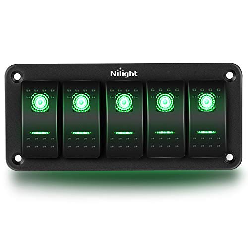 Nilight 5 Gang Rocker Switch Panel 5Pin On Off Toggle Switch Aluminum Holder 12V 24V Dash Pre-Wired Green Backlit Switches For Automotive Cars Marine Boats Rvs Truck, 2 Years Warranty #TOP9