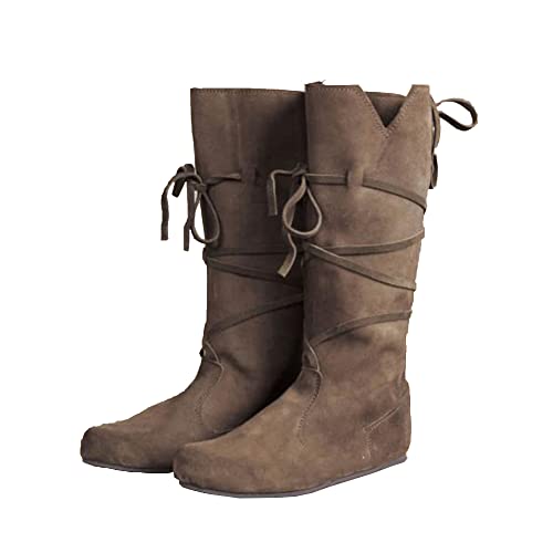 Bnjghcug Mittelalterliche Wikinger Kostüm Retro Männer Ritter Stiefel Flache Riemen LARP Schuhe Frauen Pu Leder Krieger Cosplay Ausgefallene Karneval Party Schuhe,Gelb,42