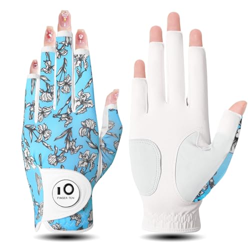 FINGER TEN Colorful Golf Gloves Women (Half-Iris, X-Large, Left)