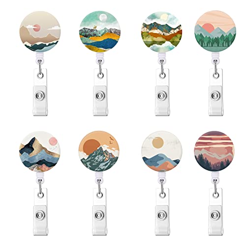 Badge Reel, Retractable Id Card Badge Holder With Alligator Clip, Decorative Name Badge Holder, 24 Inch Nylon Cord (8 Pcs/Retro Mountain Sky Sun) #TOP14