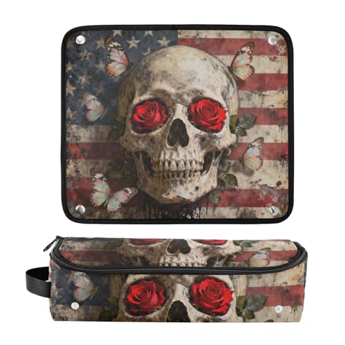 Bolso de viaje y estera resistente al calor para herramientas de cabello Hot Hair Tools, organizador impermeable para planchas y rizadores, diseño calavera retro y rosa roja portátil miniatura 3