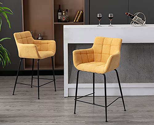 Shunzhi 26 Inches Counter Height Stools Set Of 2 Modern Upholstered Island Bar Stools With Armrest Comfy Kitchen Chairs With Black Metal Legs And Footrest For Living Room/Pub/Coffee/Shop, Yellow #TOP6