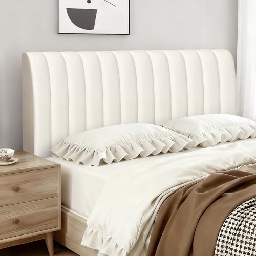 Songella Funda para Cabecero de Cama Rayas Verticales Fundas Cabecero Cama Terciopelo Suave Funda Grueso para Dormitorio Cabeceros Blanco Roto 150cm