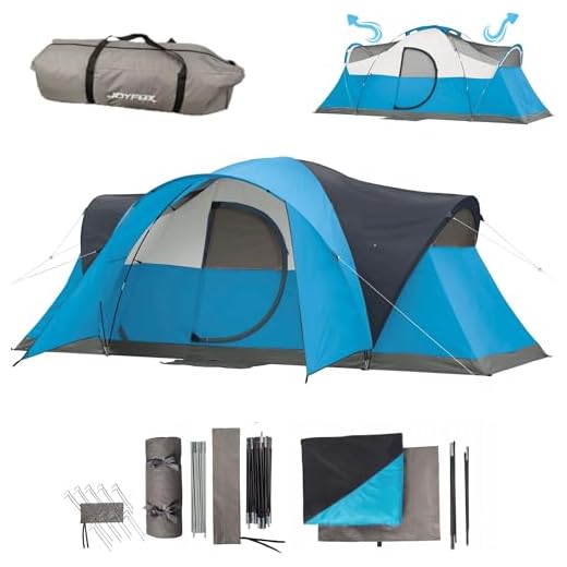 JOYFOX Barraca externa Reactive - 8 pessoas, espaçosa, 2000 mm - Túnel com 2 quartos - Montagem fácil e rápida - Barraca de acampamento externa de camada dupla à prova d'água, azul e cinza