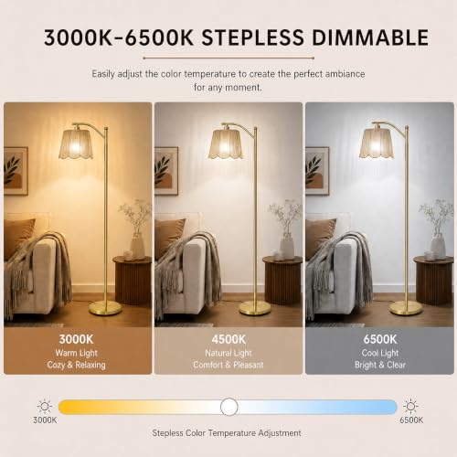 Image of Rattan Boho Arc Floor Lamp with Flower-Inspired Shade & 50FT Remote Control
