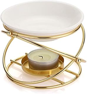 BSTKEY Metal Essential Oil Burner Wax Melt Burner with Ceramic Bowl, Home Decorative Tea Light Candle Holder Aroma Diffuser, Round Shape (Gold)