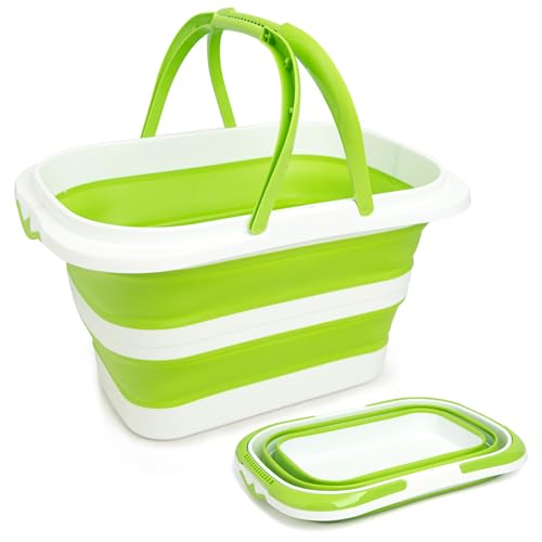 XXFLOWER Large Collapsible Bucket for Cleaning, 4.2 Gallon (16L) Silicone Bucket with Handle & Hanging Hole, Foldable Space-Saving Mop Bucket for Home, Storage. Car Wash, Camping, Beach (Green White)