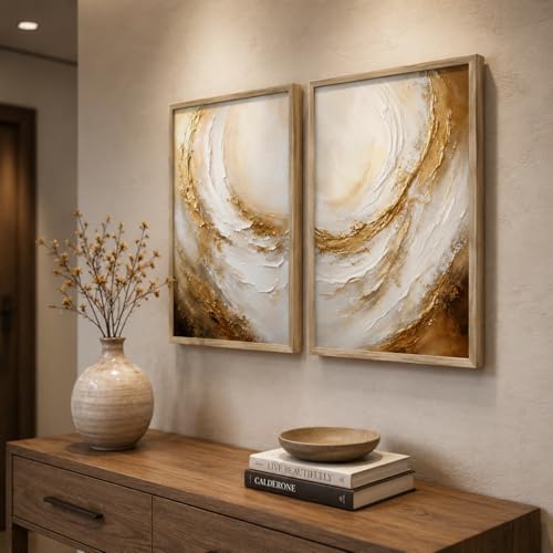 Image of Livin'luxe Set of 2 Golden Abstract Swirl Wall Photo with Frame for Living Room Bedroom Hall Office Decor, Premium Wooden Synthetic Frame Luxury Artwork Gift