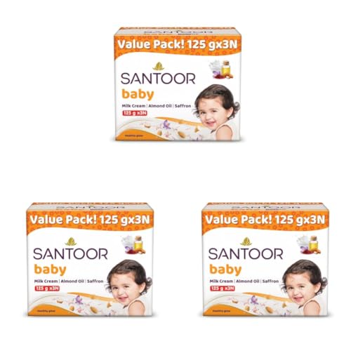 Image of Santoor Baby Bathing Bar Soap with Milk Cream, Saffron, & Almond Oil for Soft & Supple Skin| Gentle & Rich Lathering Formula with Mild Fragrance| 125gx3 (Pack of 3)