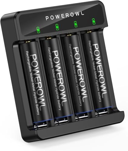 POWEROWL Pilas AA Recargables con Cargador, 2800mAh de Alta Capacidad, Baja Autodescarga, Pilas Ni MH Doble A, 4 Unidades