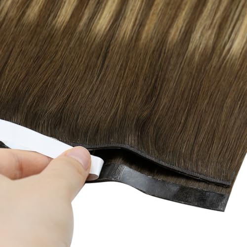 Image of Full Shine Tape Hair Extensions Real Human Hair Color 4 Medium Brown Ombre 24 Blonde And 4 Tape in Weft Hair Extensions Human Hair Remy Extension 50G One Piece Cuticles Aligned Natural 22Inch