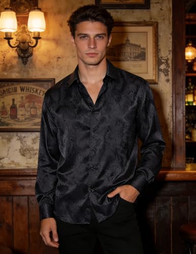 Image of Hi-Tie Men's Silk Satin Shirts Long Sleeve Button Up 70s Shiny Disco Shirt | Mens Satin Silk Shirt, Shiny Luxury Retro Party Prom Wedding Shirt, Nightclub Costume Dress Shirts, 70s Disco Shirt for Men