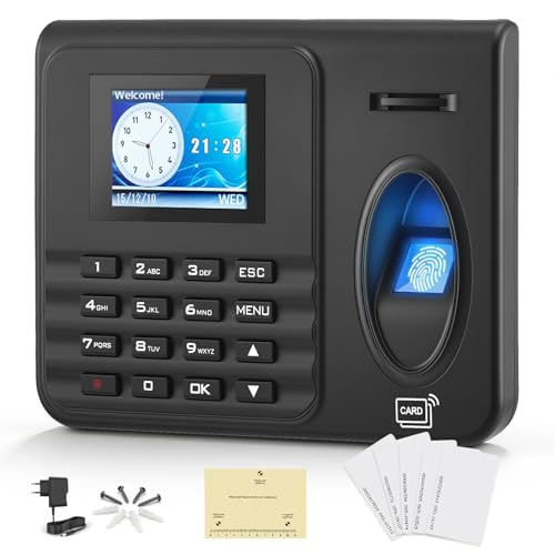 Stempeluhr Zeiterfassung für Kleinbetriebe, Biometrisch mit Sprachansage – 3 Methoden (Fingerabdruck, RFID, PIN), USB-Export, einfache Installation als Stechuhr für Wand oder Tisch