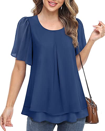 Gaharu Women Blouses Office Dressy Tops For Evening Wear Summer Tops For Women Fashion 2023 Casual Ruffle Sleeve Tunic Tops To Wear With Leggings Swing Sheer Tunic Deep Blue,L #TOP1