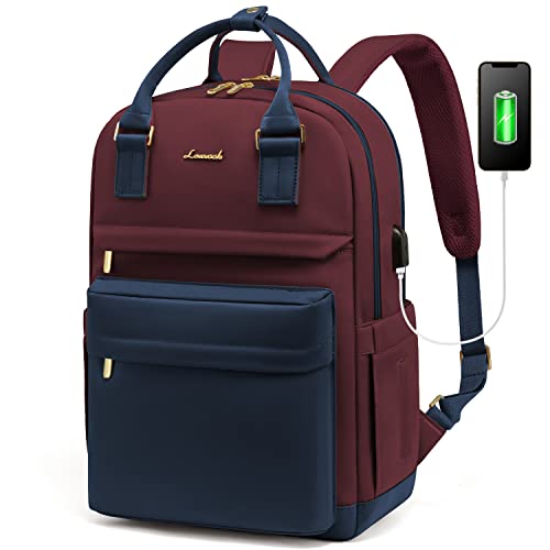LOVEVOOK Laptop Rucksack Damen, 15,6 Zoll Schulrucksack Mädchen mit Laptopfach, Wasserdichter Schultasche Daypack Elegant für Schule Uni Reisen Arbeit, Marineblau Dunkelrot