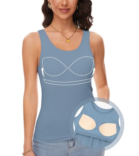 ANYFITTING Damen Unterhemd mit Integriertem BH Tank Top ärmellose Shirts Basic U-Ausschnitt Eingebauter BH Bügelloser Gepolstert Tank Tops Sommer Yoga S-3XL