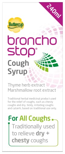 Bronchostop Cough Syrup (240ml) - Relief for Dry or Chesty Coughs - with Natural Thyme Herb and Marshmallow Root Extract - Non Drowsy Cough Medicine That Can Be Diluted & Undiluted - Alcohol Free