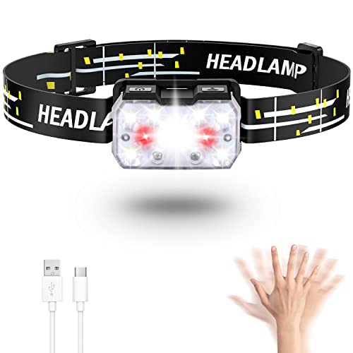 Lsnisni Stirnlampe LED Wiederaufladbar 1 Stück, Kopflampe mit Rotlicht und Haken, 2000 Lumens, Bewegungssensor, 6 Lichtmodi, IPX5 Wasserdichte für Kinder und Erwachsene Camping, Joggen, Angeln