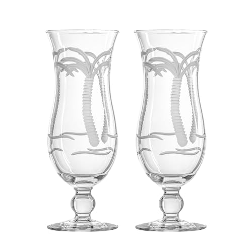 Rolf Glass Palm Tree Squall Hurricane Cocktail Glass | 18oz Coastal Glassware | Set of 2 Tropical Drink Glasses | Engraved and Lead-Free Crystal Glass | Designed and Engraved in the USA