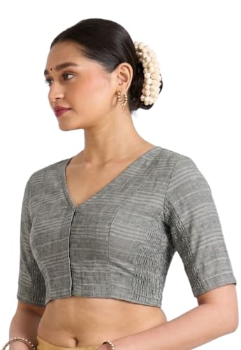 Image of Studio Shringaar Women Cotton Half Sleeve Madras Checks Saree Blouse with Stretchable Sides