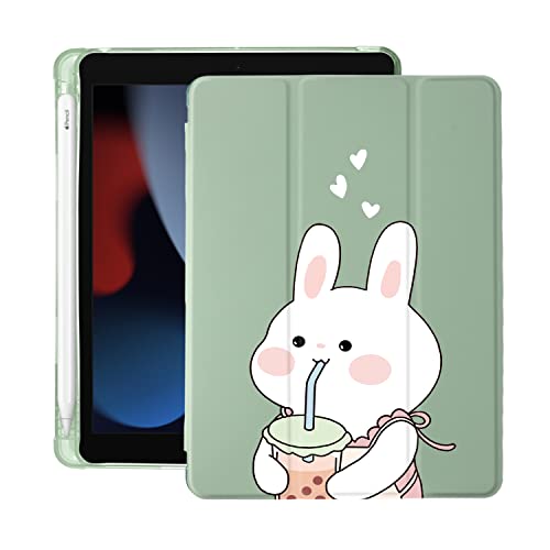 Cute Cartoon Bunny for iPad Air 3 Case with Pencil Holder, Auto Sleep/Wake, Green Leather Soft TPU Back Cover for iPad Pro 10.5 Inch 2017