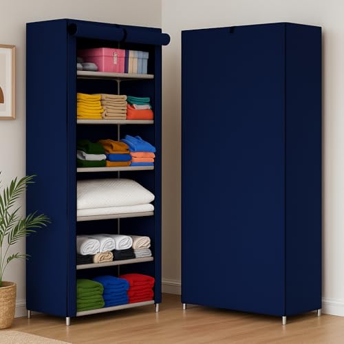 Image of Delove Fabric Foldable Wardrobe Organizer for Clothes | Portable Storage Cabinet with Shelves | Non-Woven Fabric Almirah for Bedroom | Space-Saving Closet for Clothes & Accessories (Blue, 6)