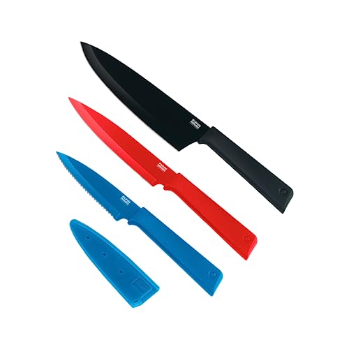 Kuhn Rikon COLORI+ Mixed Knife Set with Non-Stick Coating and Safety Sheaths, Set of 3, Black, Red and Blue