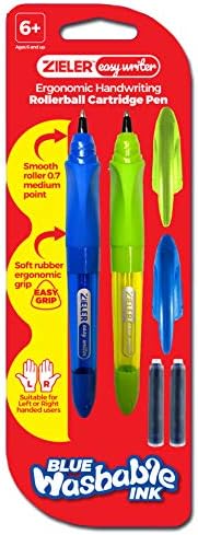 Ergonomic Handwriting Rollerball Cartridge Pen (twin pack) by Zieler®  Suitable for right & left handed use  Soft rubber ergonomic grip  Extra smooth medium-point 0.7mm nib  2 ink cartridges