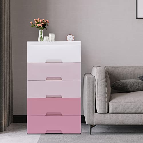 Ringmaster Plastic Drawers Dresser 5 Tier Storage Tower with 5 Drawers,Storage Organizer Rack Clothes Storage Cabinet Closet for Storing Clothes,Towels,Toys (Gradient Pink)