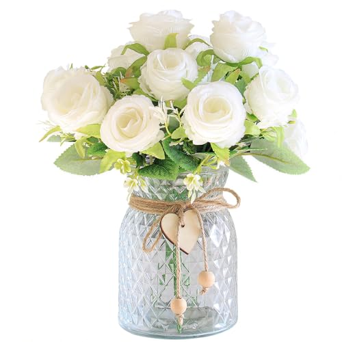 Leayiuvan Faux Flowers in Vase, 18 Pcs Fake Rose Flowers, Artificial Flowers for Home Decor, Indoor Centerpiece for Living Room & Dining Table - White