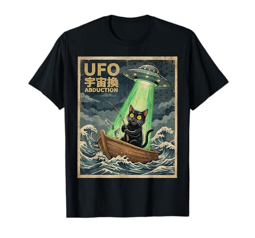 Kawaii Pesca Gato Hombres Mujeres Niños Extraterrestre OVNI Abducción Camiseta