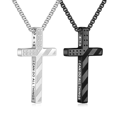 M MOOHAM 2 Pcs Silver Black Cross Necklace for Men Boys - Stainless Steel Bible Verse Cross Chain Pendant Necklaces for Men American Flag Religious Christian First Communion Jewelry Gift 18-24 Inches