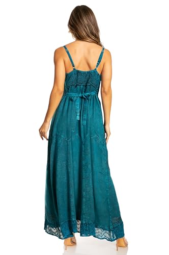 Sakkas Stonewashed Rayon Embroidered Adjustable Spaghetti Straps Long Dress - Steel Blue - S/M - Thumbnail 2