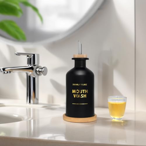 Mouthwash Dispenser for Bathroom 11.8oz – Glass Mouthwash Bottle with Cup & Bamboo Tray, Gold Hot-Stamped Lettering, Silicone Base, Modern Bathroom Accessory (Black)2